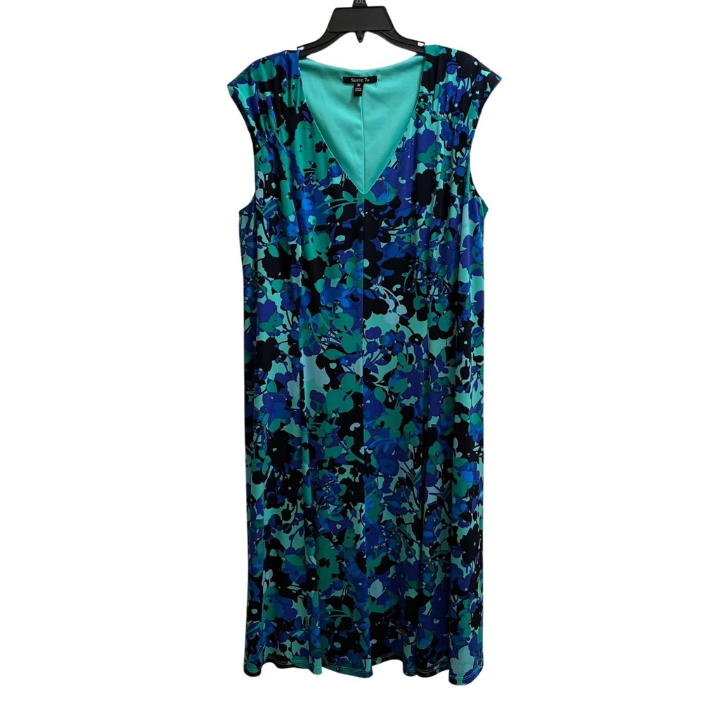Suite 7 Floral Dress Womens 3X Blue Teal V-Neck Sleeveless A-Line Plus Size